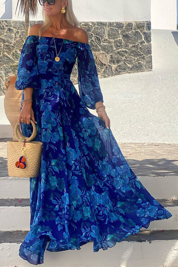 Francesca - Langes Kleid mit floralem Muster und schulterfreien Ärmeln