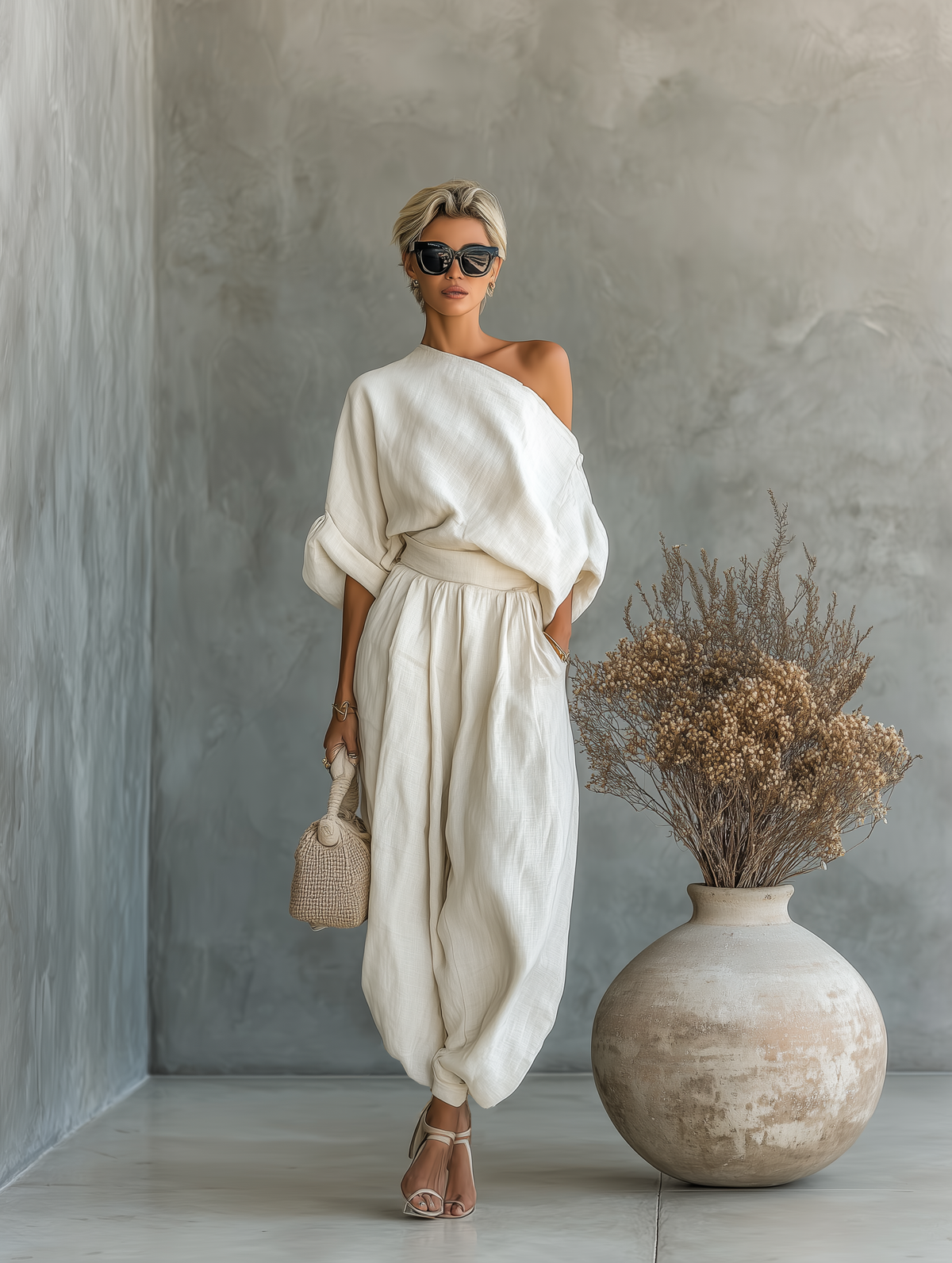 Ella | Weißes Leinen Set Off-Shoulder Hose